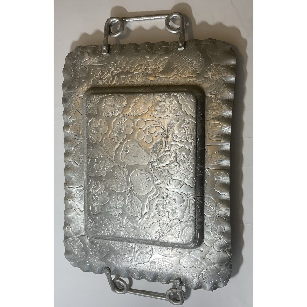 Vintage Aluminum Tray Hand-finished Fruit/Flower Pattern Rolled Handle 10" X 14"